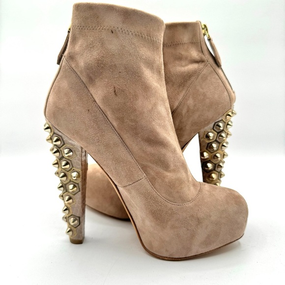 Brian Atwood Studded Heels Booties,Nude Suede with Bold Studded Heel, Size 37 - Picture 8 of 14
